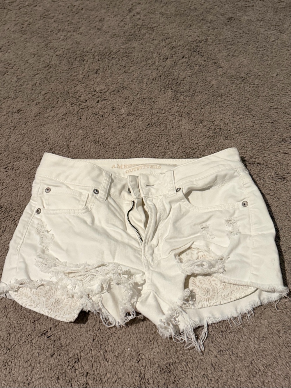 American Eagle Outfitters White Distressed Denim Lace-Trim Shorts